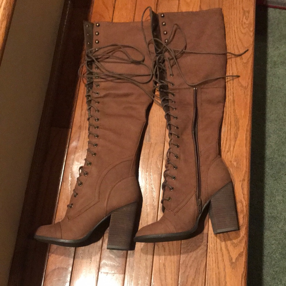 Cognac over the knee heeled lace up boots